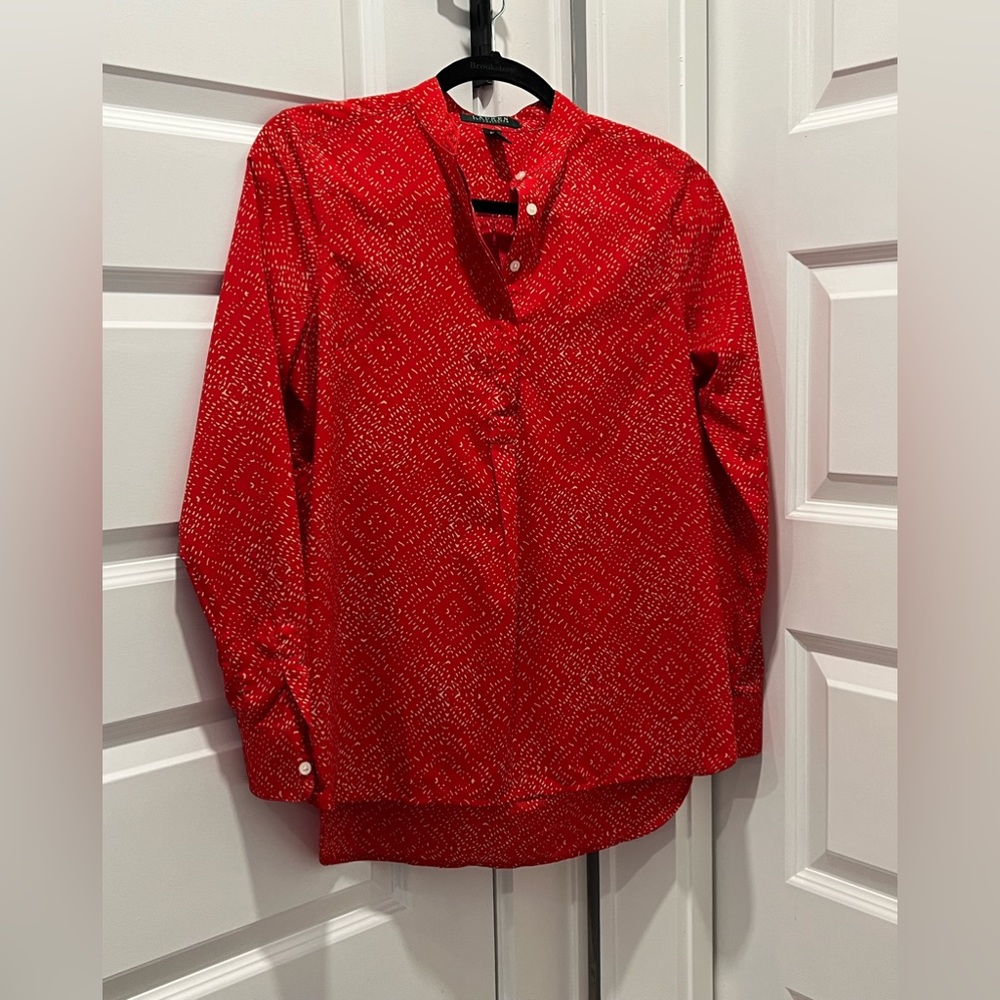 Ralph Lauren red and beige blouse 3/4 button up preppy chic women’s size PS EUC